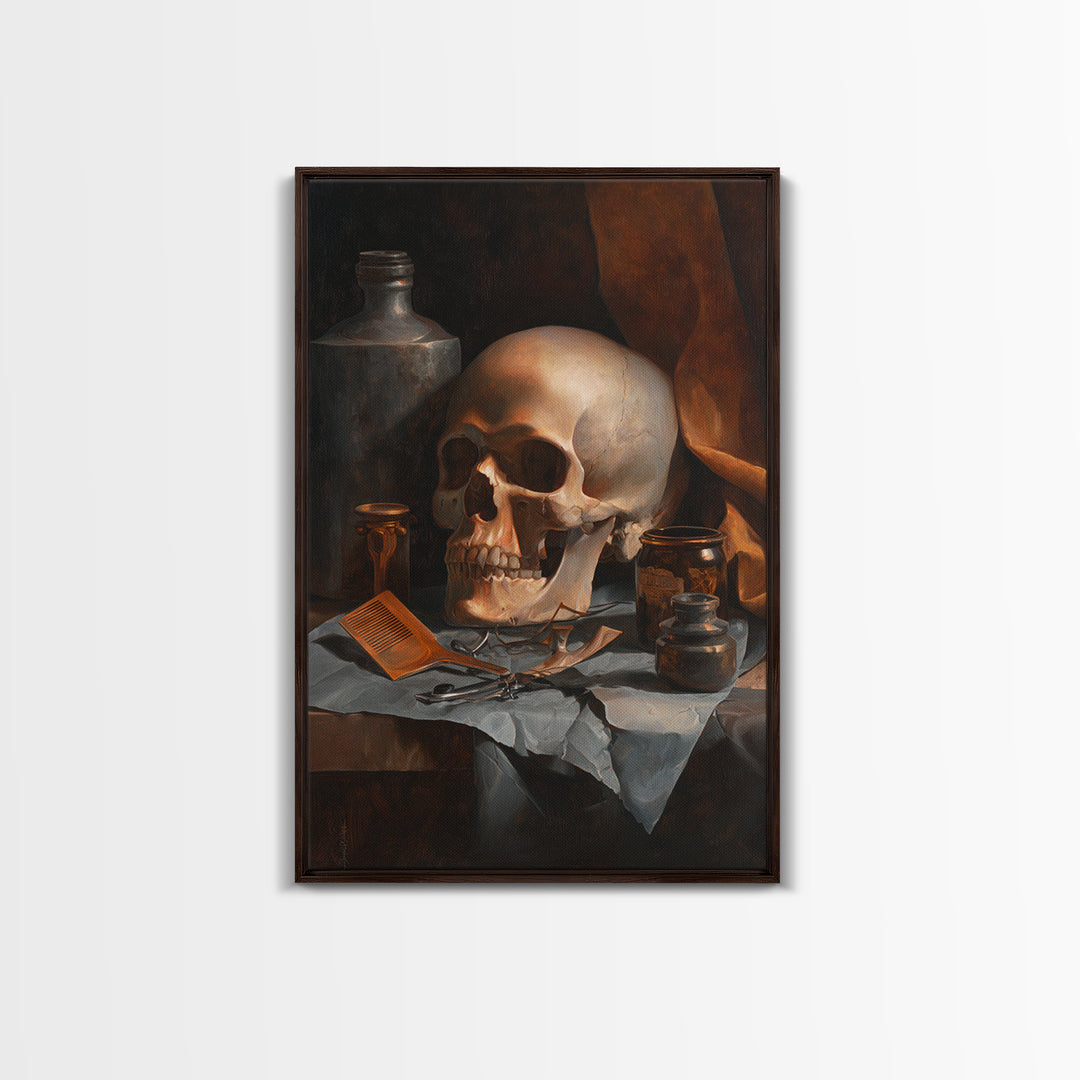 Skull with Comb and Razor in Tattoo Framed Canvas Print, Barbershop Art, Neutral Decor, Barbershop Decor, Abstract Art, BAA-2x3-47