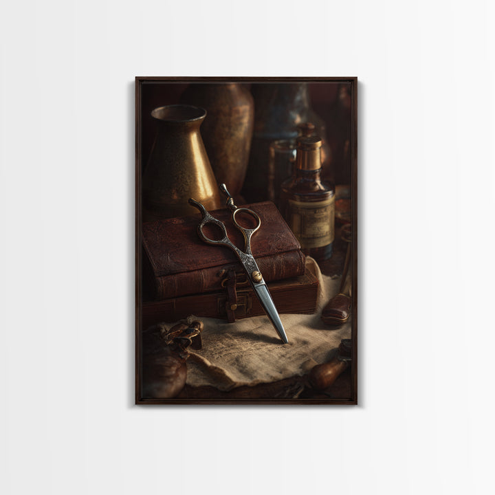 Neon Scissors Icon Framed Canvas Print, Barbershop Art, Black Man Art, Barbershop Decor, Oil Painting, Grooming, BAA-2x3-51