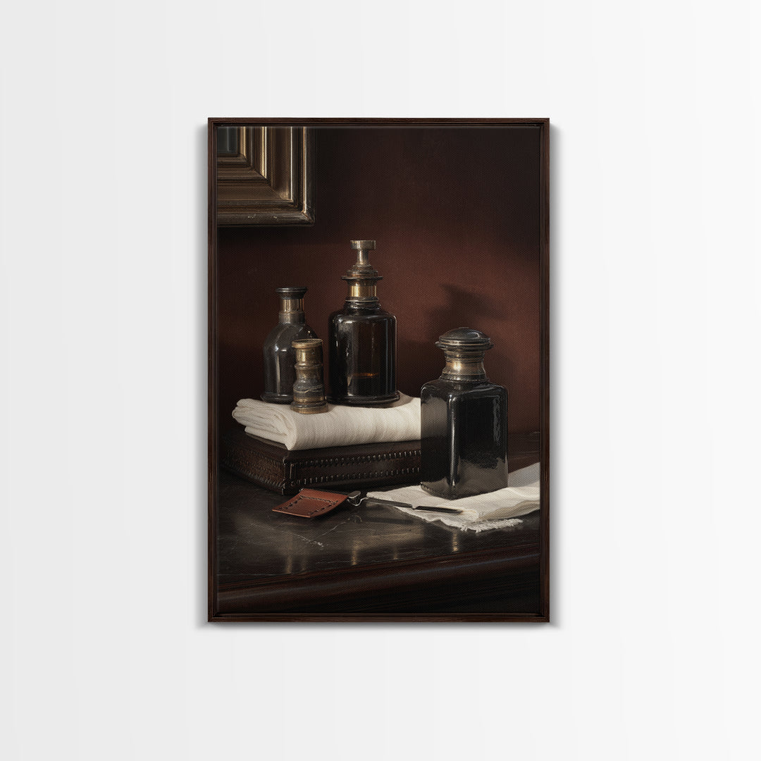 Old World Apothecary Bottles for Grooming Oils Canvas Print, Barbershop Art, Quirky Home Decor, Barbershop Decor, Grooming, BAA-2x3-52
