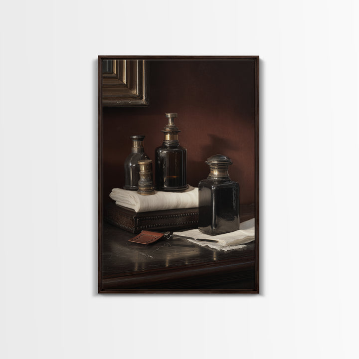 Old World Apothecary Bottles for Grooming Oils Canvas Print, Barbershop Art, Quirky Home Decor, Barbershop Decor, Grooming, BAA-2x3-52