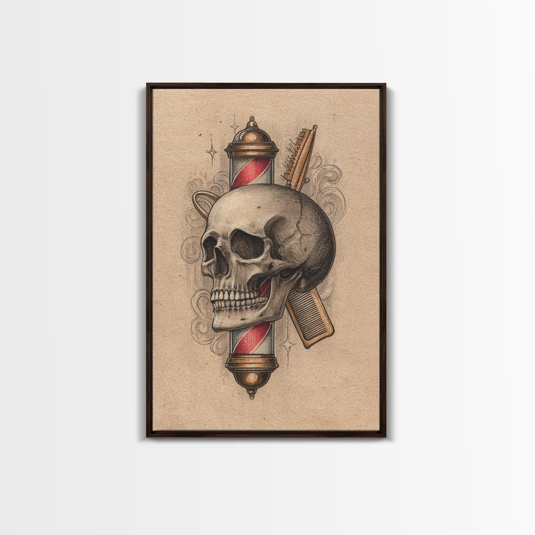 Skull with Comb and Razor in Tattoo Canvas Print, Barbershop Art, Luxury Decor, Barbershop Decor, Fine Art, Grooming, BAA-2x3-71