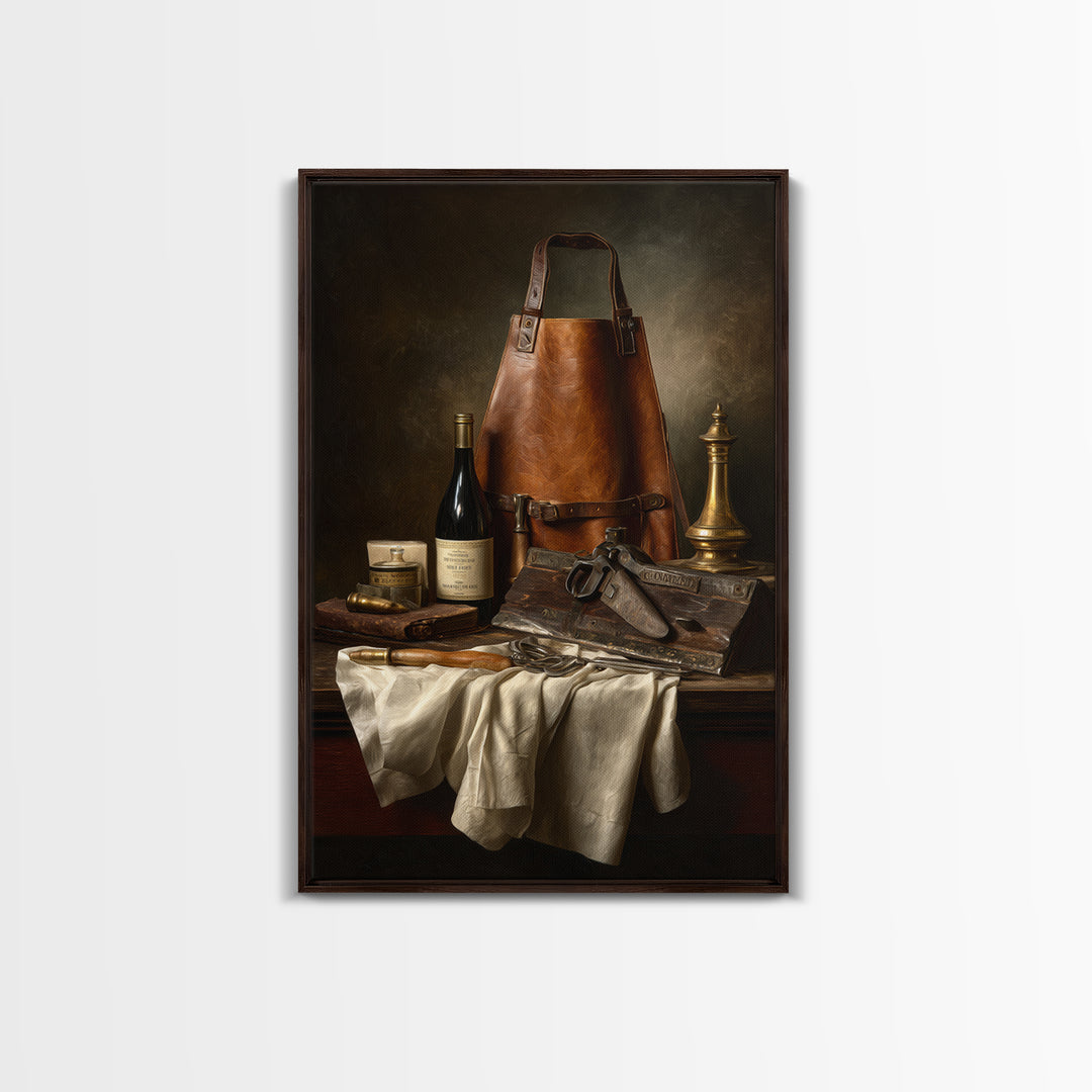 Leather Apron and Brass Tools Still Life Framed Canvas Print, Barbershop Art, Minimalist Decor, Barbershop Decor, Grooming, BAA-2x3-78