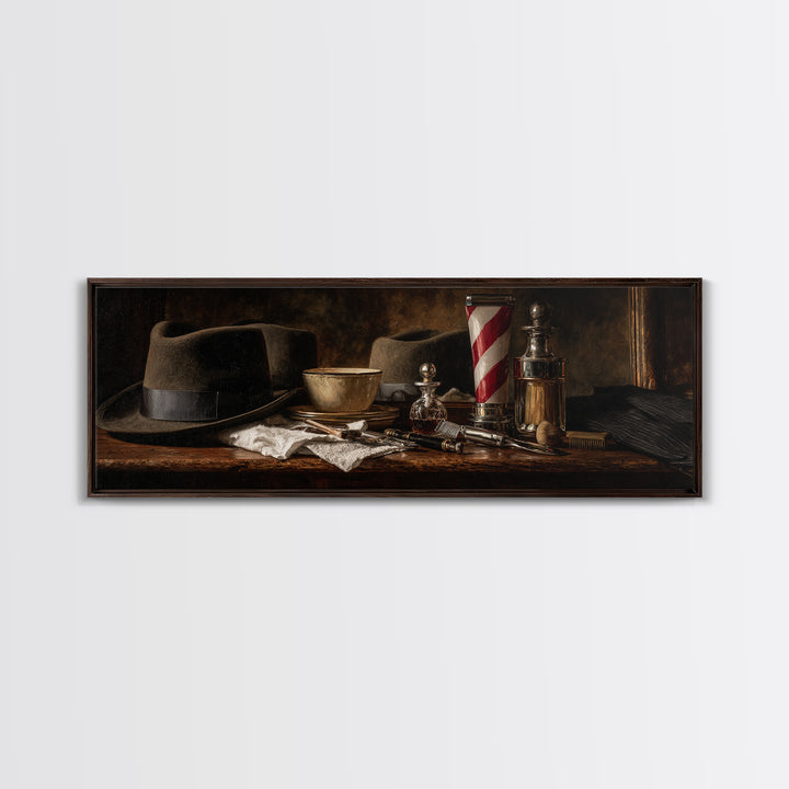 Moody Gentleman Portrait Framed Canvas Print, Barbershop Art, Wall Art, Barbershop Decor, Oil Painting, Grooming, BAA-3x1-2