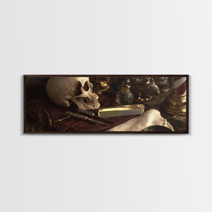 Skull with Comb and Razor in Tattoo Framed Canvas Print, Barbershop Art, Black Art, Barbershop Decor, Oil Painting, Grooming, BAA-3x1-79