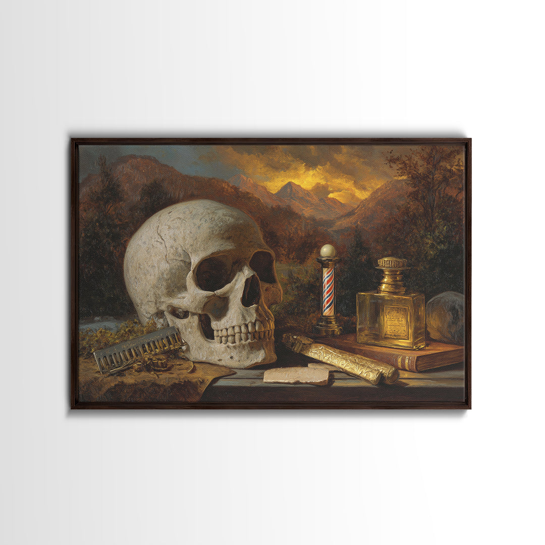 Skull with Comb and Razor in Tattoo Framed Canvas Print, Barbershop Art, Retro Wall Art, Barbershop Decor, Fine Art, Grooming, BAA-3x2-19