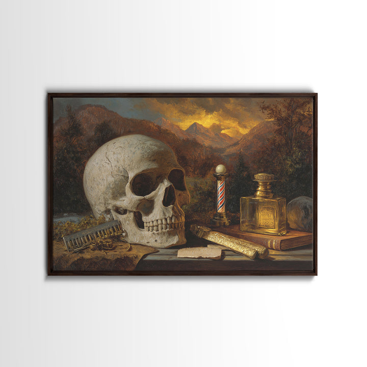 Skull with Comb and Razor in Tattoo Framed Canvas Print, Barbershop Art, Retro Wall Art, Barbershop Decor, Fine Art, Grooming, BAA-3x2-19