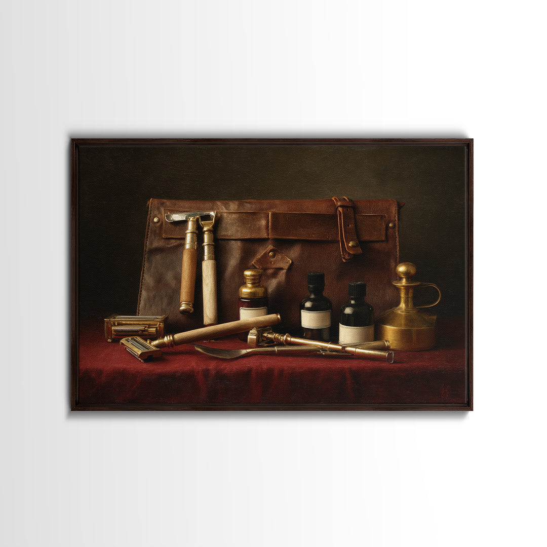 Leather Apron and Brass Tools Still Life Framed Canvas Print, Barbershop Art, Minimalist Decor, Barbershop Decor, Grooming, BAA-3x2-2