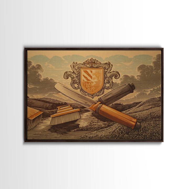 Bold Linocut Barber Emblem Framed Canvas Print, Barbershop Art, Digital Prints, Barbershop Decor, Fine Art, Grooming, BAA-3x2-28