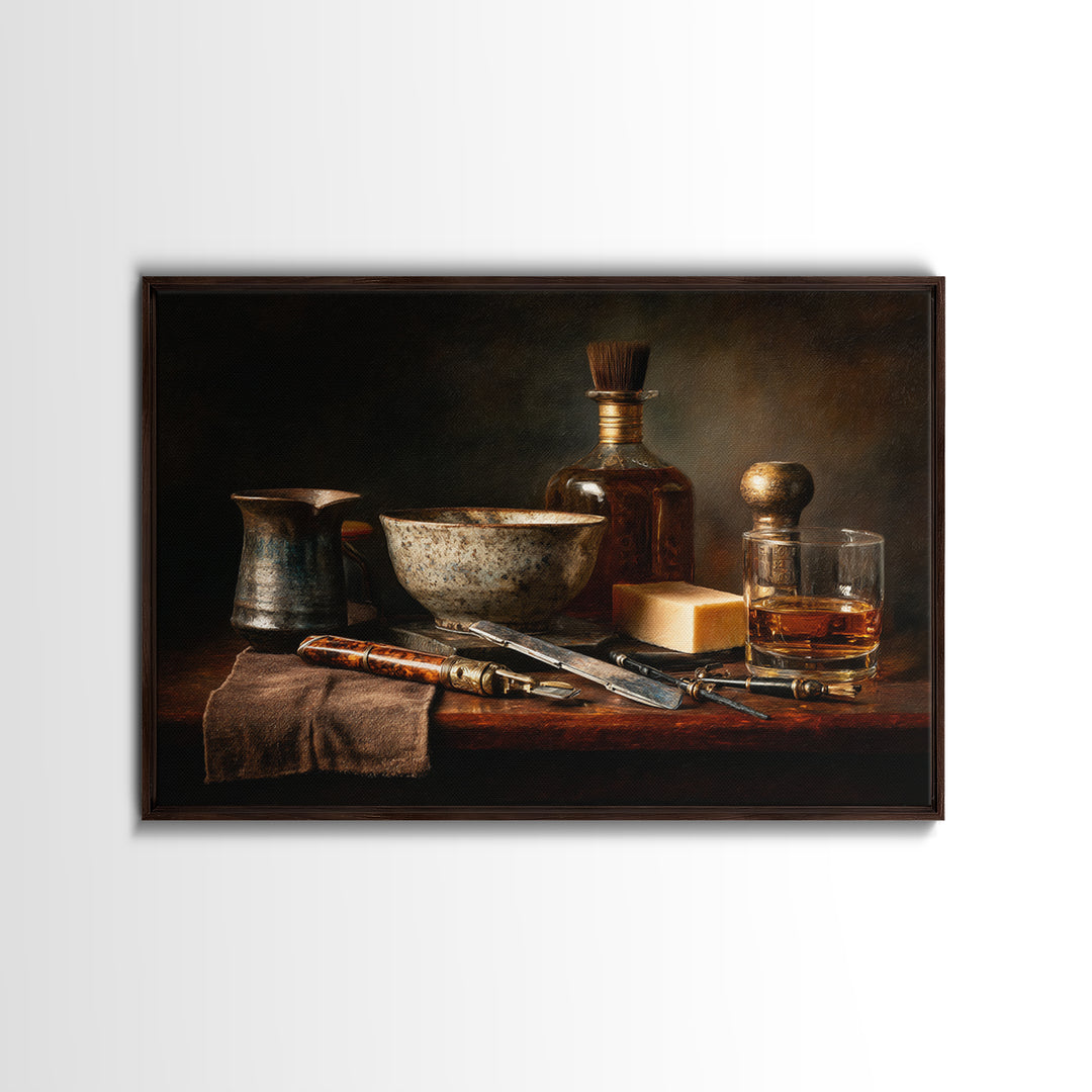 Whiskey and Straight Razor Masculine Still Life Canvas Print, Barbershop Art, Black Art Prints, Barbershop Decor, Grooming, BAA-3x2-35