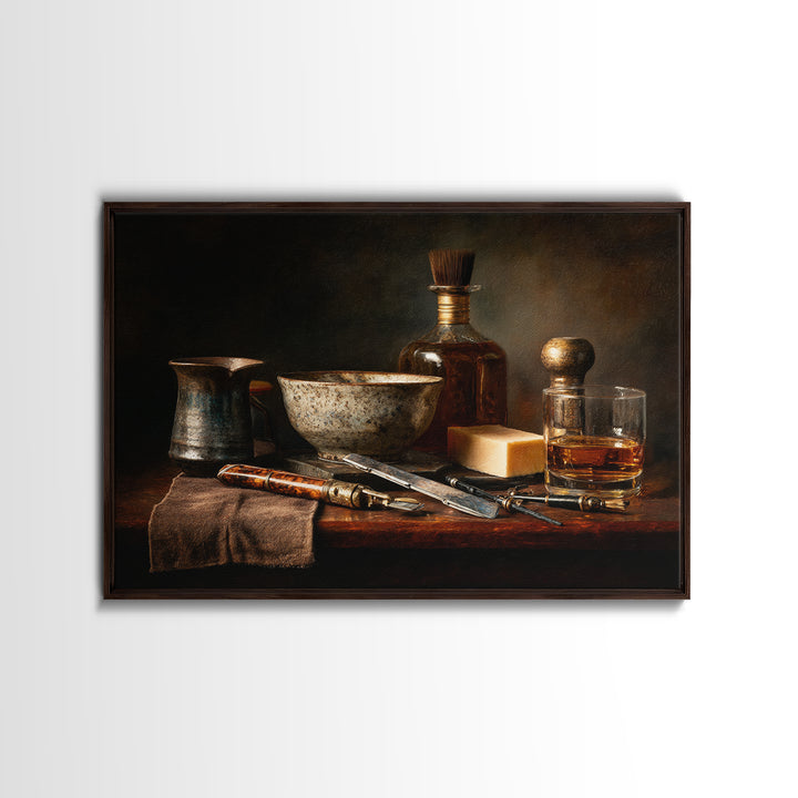 Whiskey and Straight Razor Masculine Still Life Canvas Print, Barbershop Art, Black Art Prints, Barbershop Decor, Grooming, BAA-3x2-35