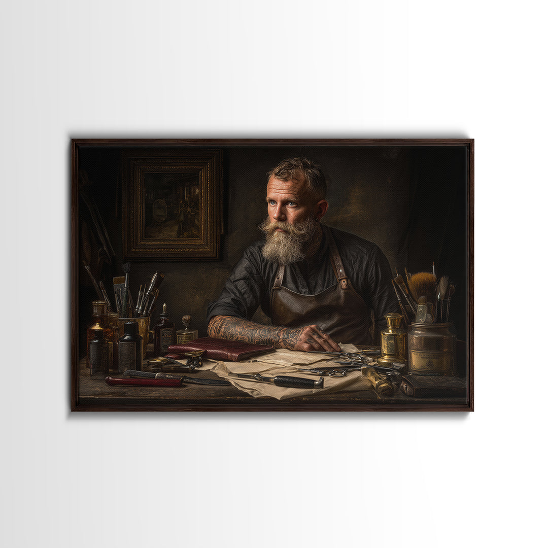 Tattooed Barber Portrait Framed Canvas Print, Barbershop Art, Art Print, Barbershop Decor, Grooming, African American Art, BAA-3x2-8