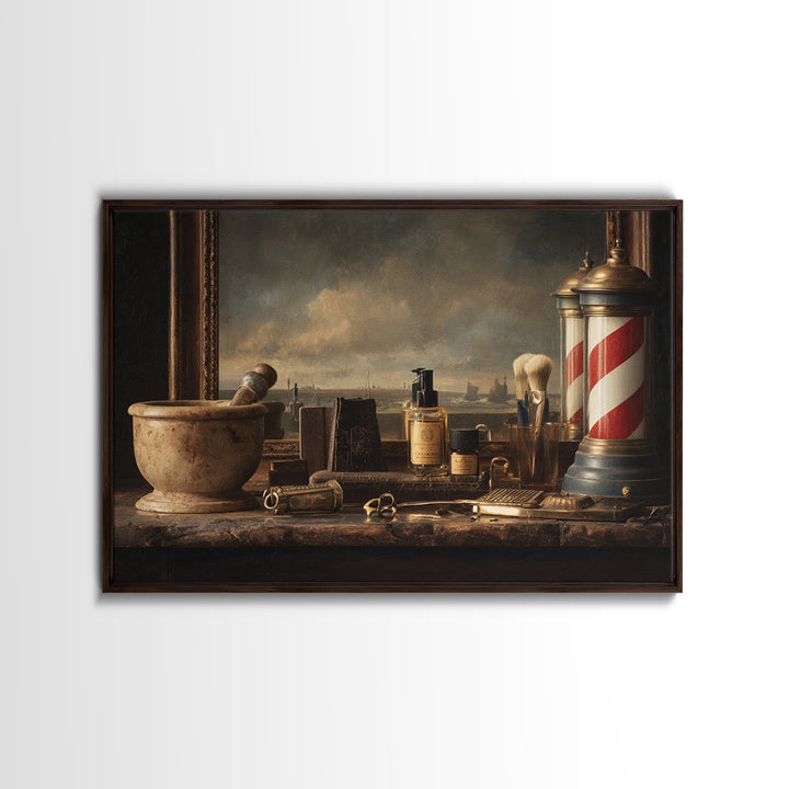Antique Clippers and Combs on Worn Wood Framed Canvas Print, Barbershop Art, Living Room Art, Barbershop Decor, Grooming, BAA-3x2-85