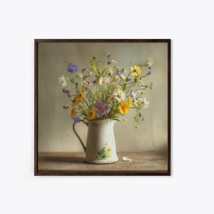 Country Wildflowers in a Chipped Ceramic Pitcher Canvas Print, Bed and Breakfast Art, Modern Decor, Living Room Decor, BAB-1x1-1