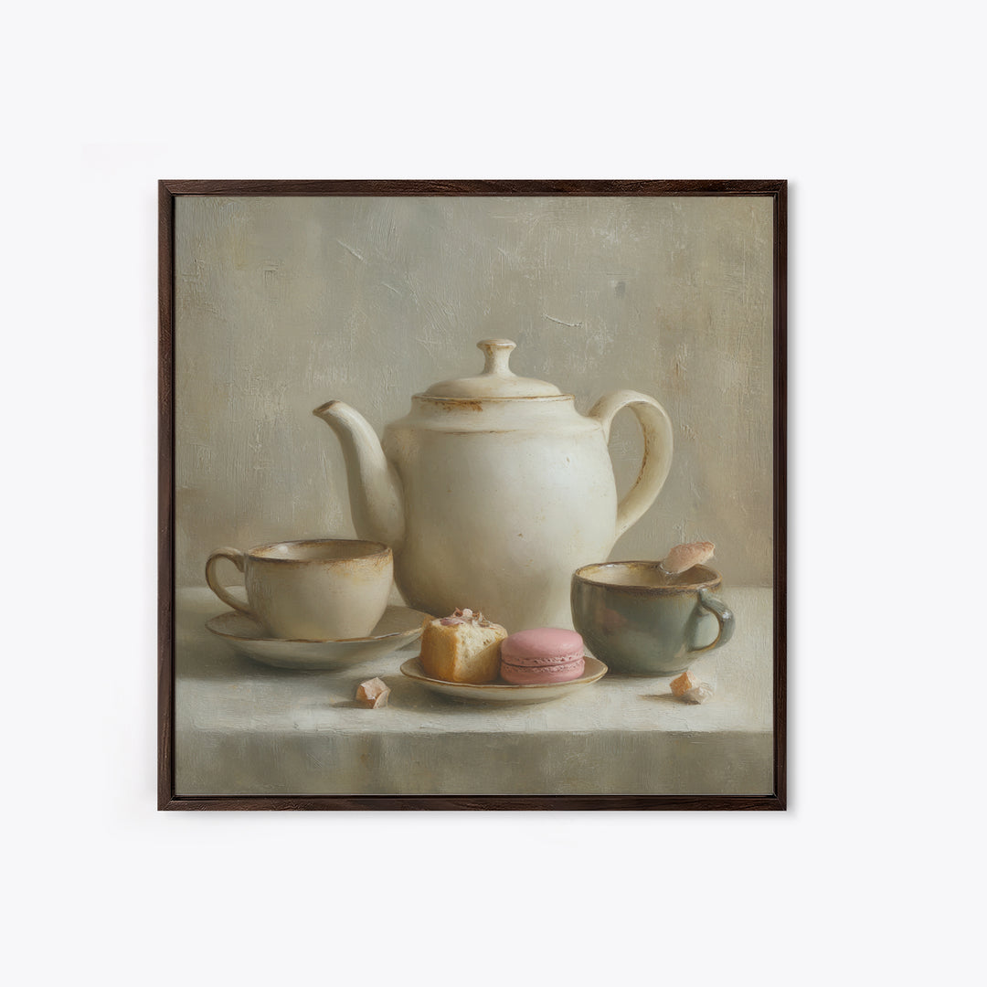 Porcelain Teapot and Scones Framed Canvas Print, Bed and Breakfast Art, Wall Decor, Living Room Decor, Fine Art, BAB-1x1-12