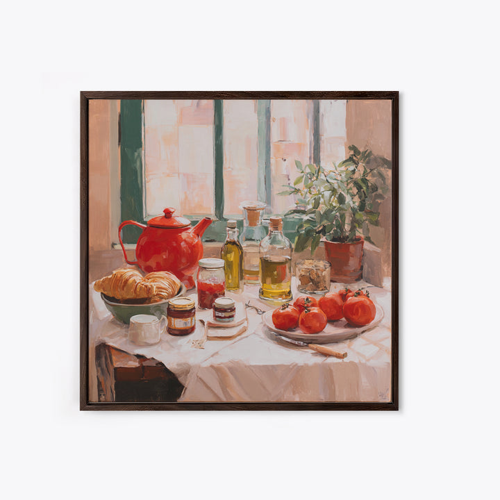 Fresh Croissants and Jam on a Linen Framed Canvas Print, Bed and Breakfast Art, Above Bed Decor, Living Room Decor, Fine Art, BAB-1x1-2