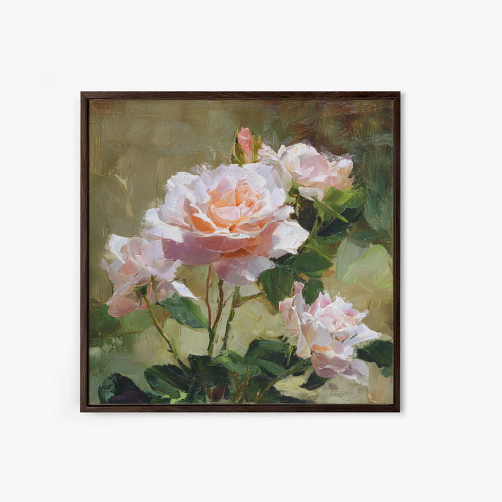 Garden Roses in Romantic Oil Paint Framed Canvas Print, Bed and Breakfast Art, Neutral Decor, Living Room Decor, Oil Painting, BAB-1x1-21