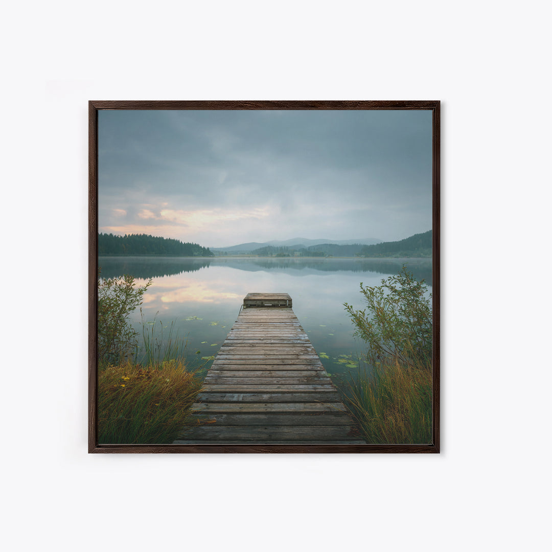 Quiet Lake Dock at Early Morning Canvas Print, Bed and Breakfast Art, Farmhouse Wall Decor, Living Room Decor, Fine Art, BAB-1x1-22