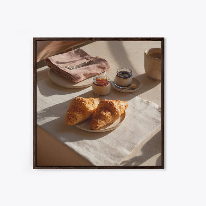 Fresh Croissants and Jam on a Linen Canvas Print, Bed and Breakfast Art, Folk Art, Living Room Decor, Abstract Art, BAB-1x1-26
