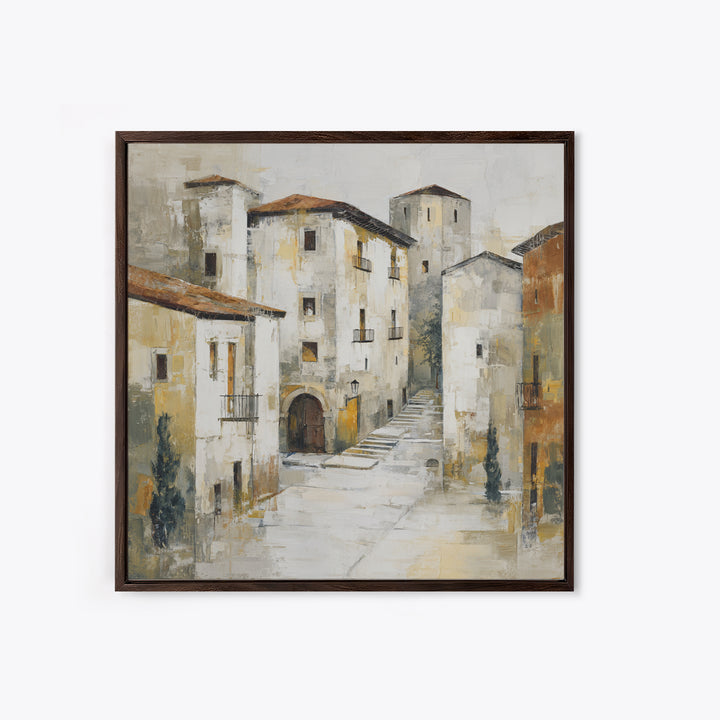 Soft Watercolor Village Street at Dawn Canvas Print, Bed and Breakfast Art, Textured Painting, Living Room Decor, BAB-1x1-29