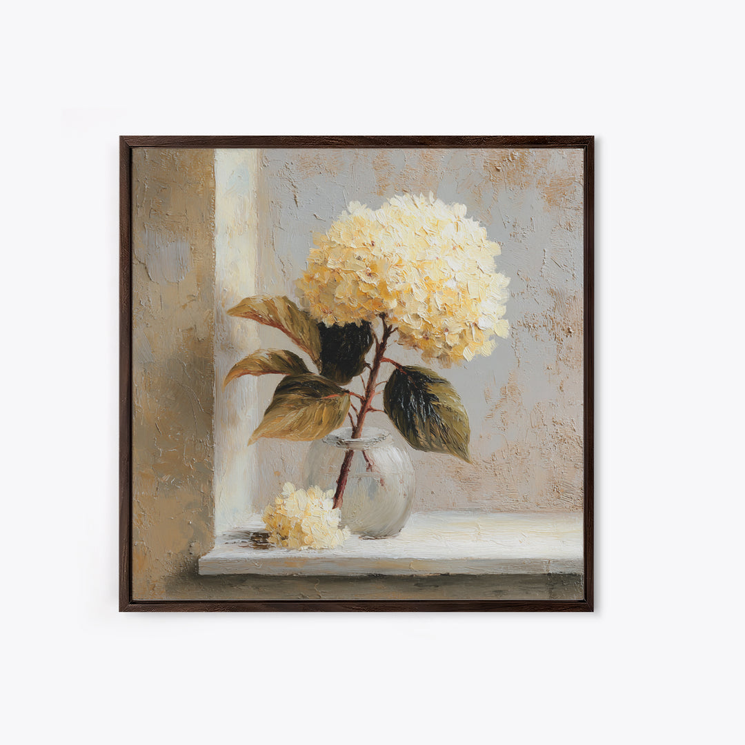 Sunlit Hydrangeas on a Windowsill Canvas Print, Bed and Breakfast Art, Rustic Home Decor, Living Room Decor, BAB-1x1-34