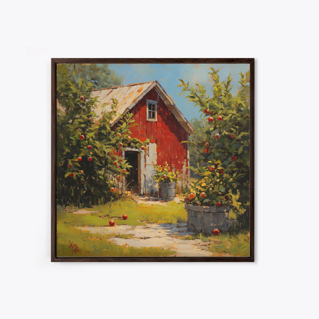 Apple Orchard Scene Framed Canvas Print, Bed and Breakfast Art, Boho Decor, Living Room Decor, Oil Painting, BAB-1x1-37