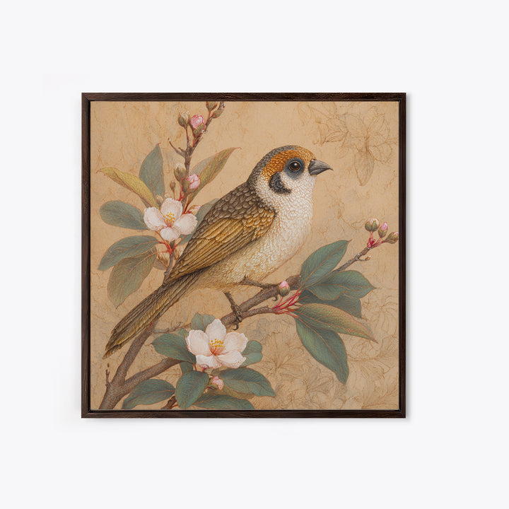 Small Bird on a Flowering Branch Framed Canvas Print, Bed and Breakfast Art, Gallery Decor, Living Room Decor, Fine Art, BAB-1x1-38