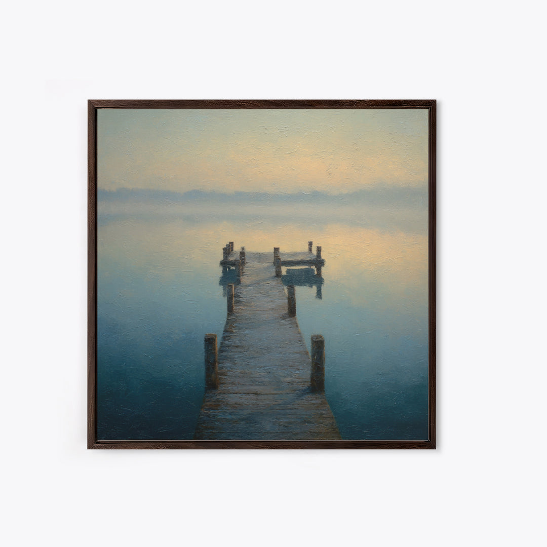 Quiet Lake Dock at Early Morning Framed Canvas Print, Bed and Breakfast Art, Coffee Wall Art, Living Room Decor, Oil Painting, BAB-1x1-46