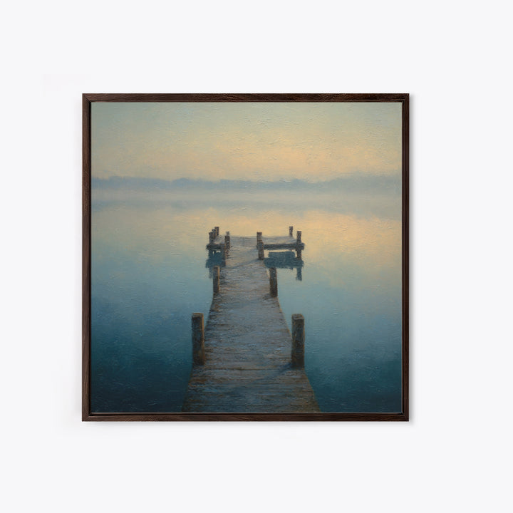Quiet Lake Dock at Early Morning Framed Canvas Print, Bed and Breakfast Art, Coffee Wall Art, Living Room Decor, Oil Painting, BAB-1x1-46