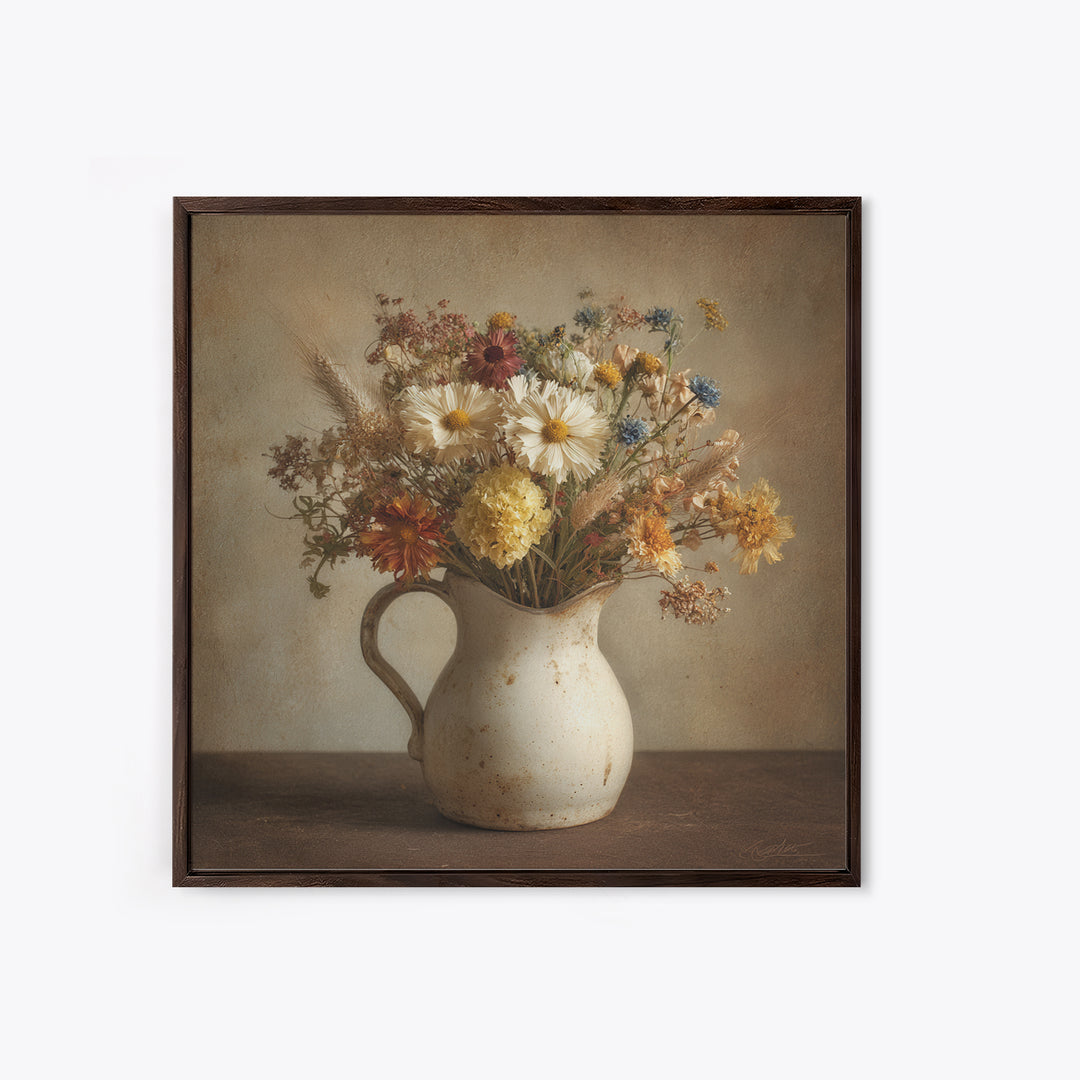 Country Wildflowers in a Chipped Ceramic Pitcher Canvas Print, Bed and Breakfast Art, Room Decor, Living Room Decor, BAB-1x1-49