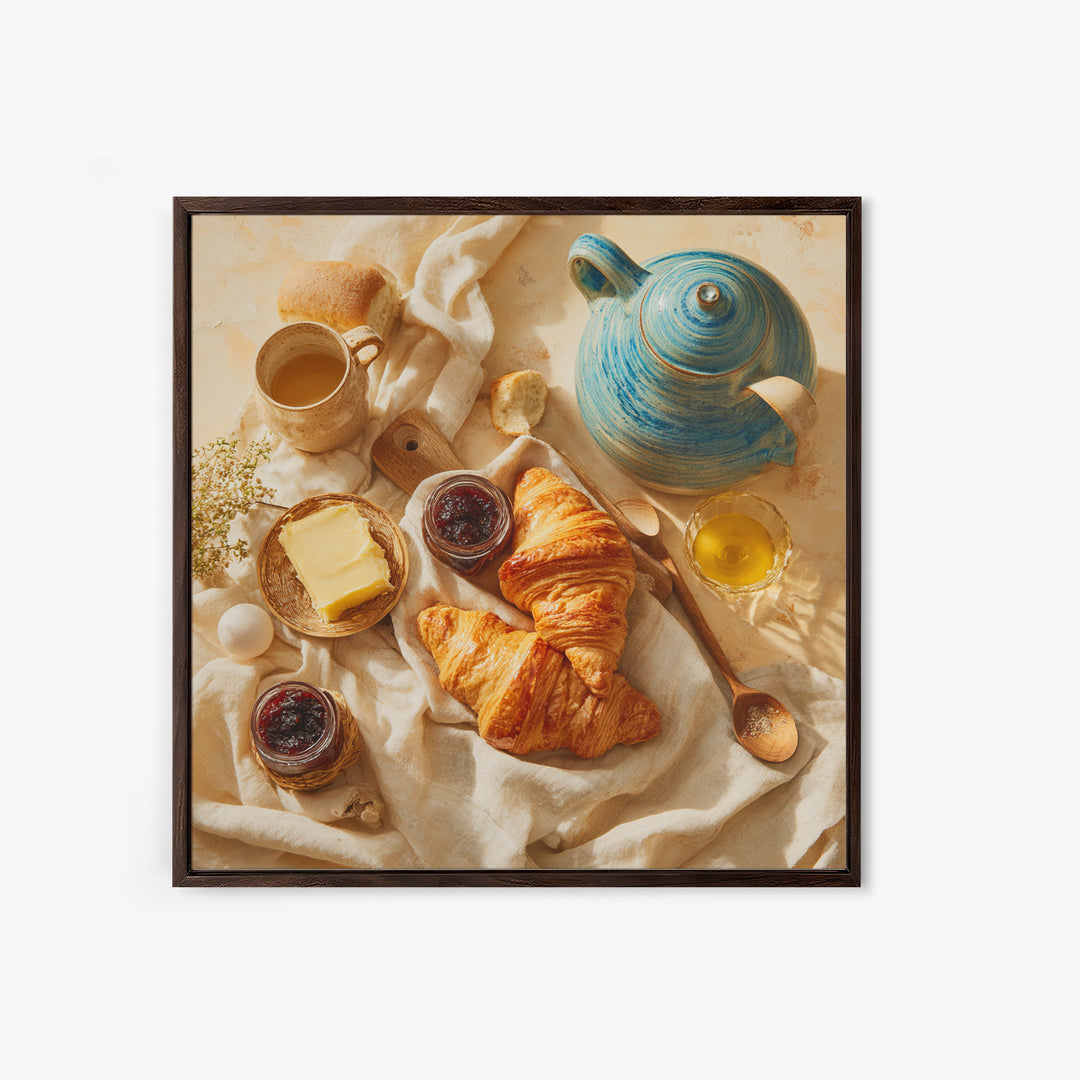 Fresh Croissants and Jam on a Linen Canvas Print, Bed and Breakfast Art, Folk Art, Living Room Decor, Abstract Art, BAB-1x1-50