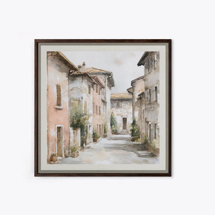 Soft Watercolor Village Street at Dawn Canvas Print, Bed and Breakfast Art, Textured Painting, Living Room Decor, BAB-1x1-53