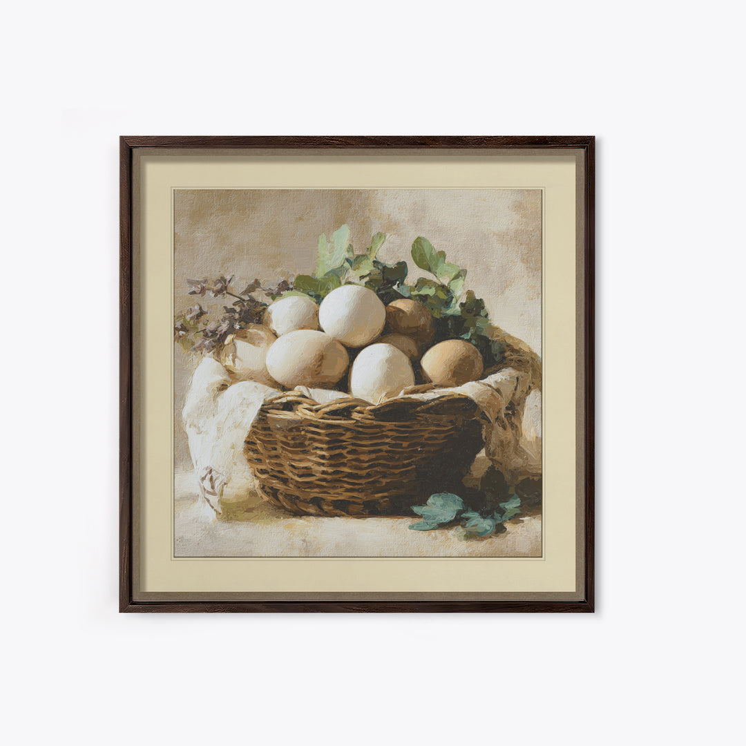 Fresh Eggs in a Woven Basket with Canvas Print, Bed and Breakfast Art, Bedroom Art, Living Room Decor, Oil Painting, BAB-1x1-54