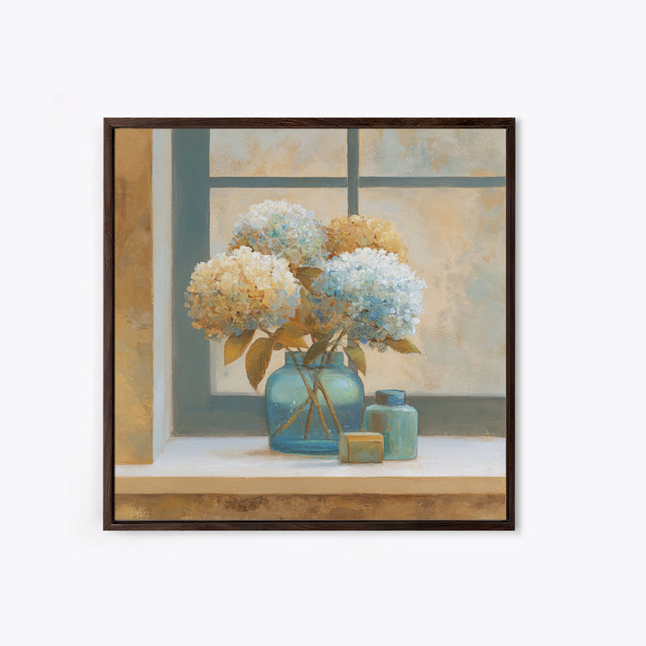 Sunlit Hydrangeas on a Windowsill Canvas Print, Bed and Breakfast Art, Rustic Home Decor, Living Room Decor, BAB-1x1-58