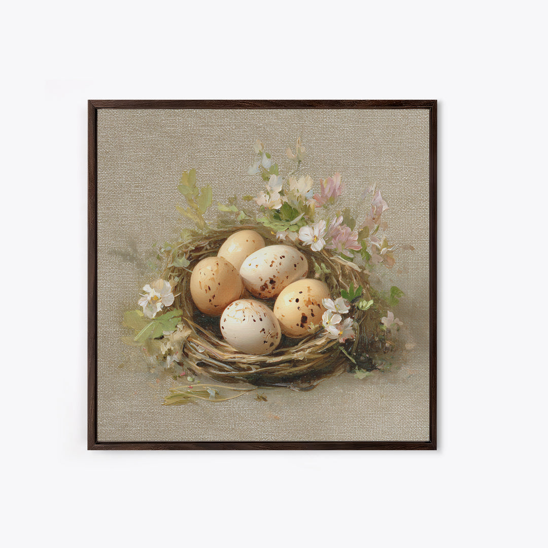 Fresh Eggs in a Woven Basket with Framed Canvas Print, Bed and Breakfast Art, Coffee Art, Living Room Decor, Watercolor Art, BAB-1x1-6
