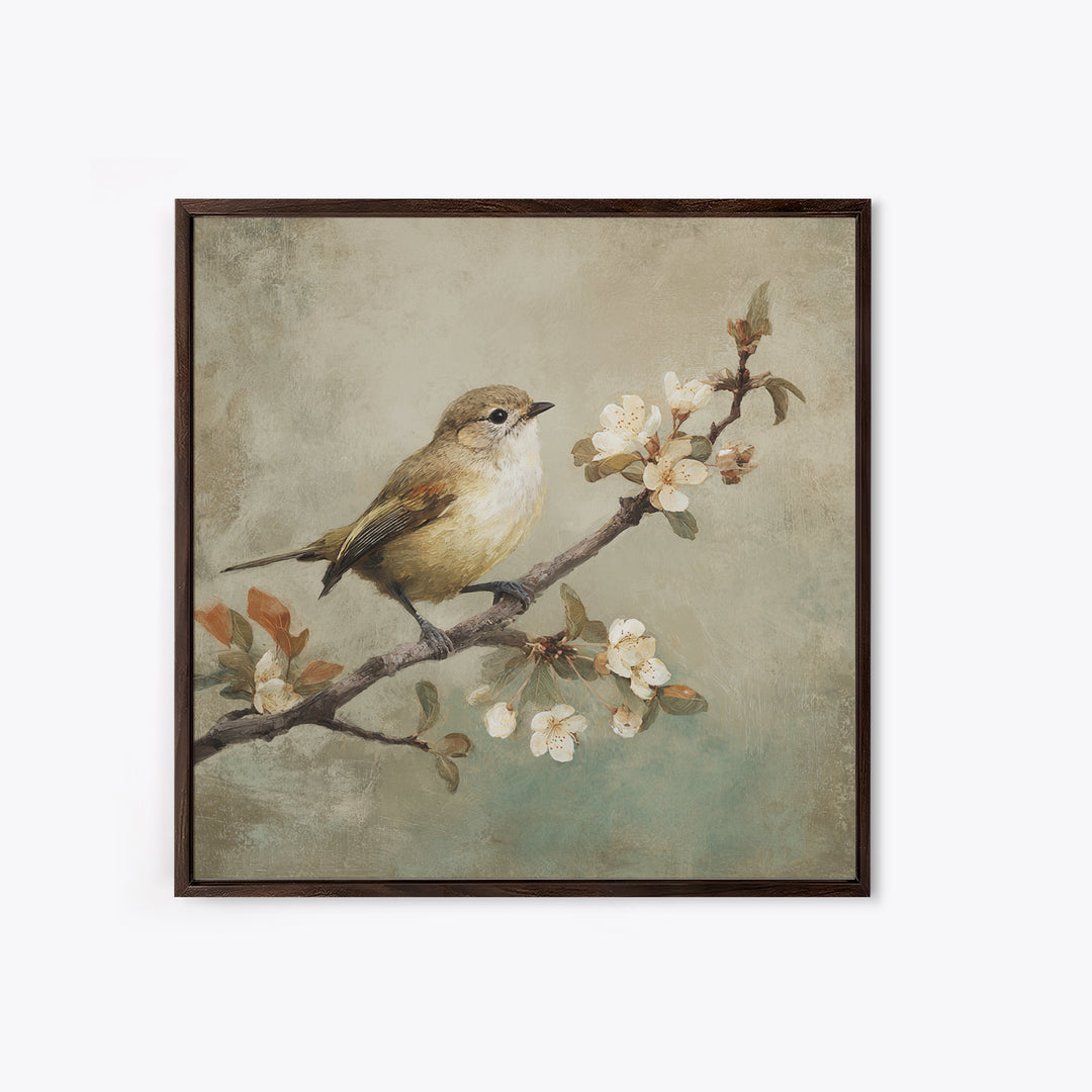 Small Bird on a Flowering Branch Framed Canvas Print, Bed and Breakfast Art, Gallery Decor, Living Room Decor, Fine Art, BAB-1x1-62
