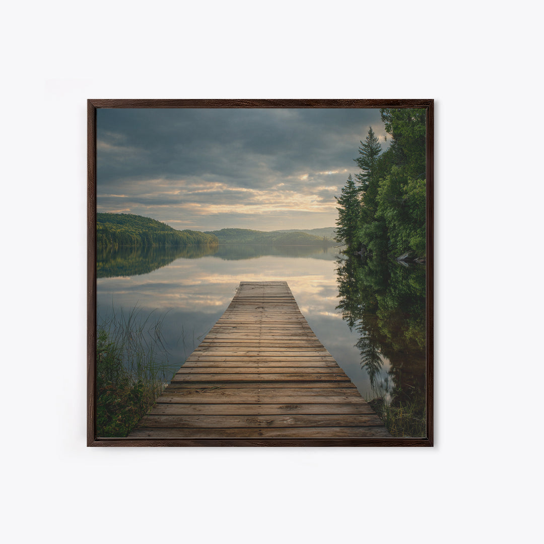 Quiet Lake Dock at Early Morning Framed Canvas Print, Bed and Breakfast Art, Coffee Wall Art, Living Room Decor, Oil Painting, BAB-1x1-70