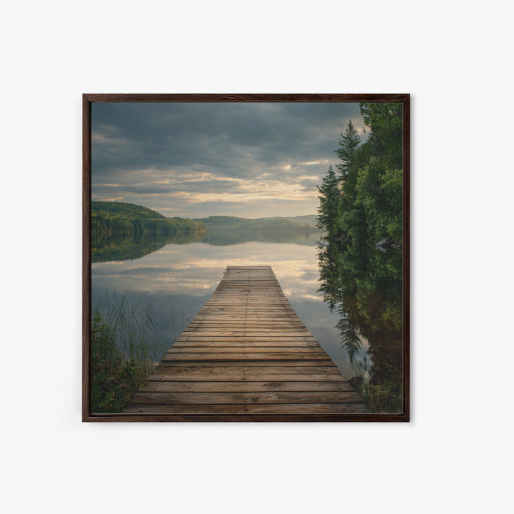 Quiet Lake Dock at Early Morning Framed Canvas Print, Bed and Breakfast Art, Coffee Wall Art, Living Room Decor, Oil Painting, BAB-1x1-70