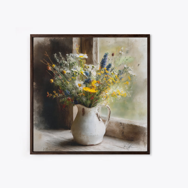 Country Wildflowers in a Chipped Ceramic Pitcher Canvas Print, Bed and Breakfast Art, Home Decor, Living Room Decor, BAB-1x1-73