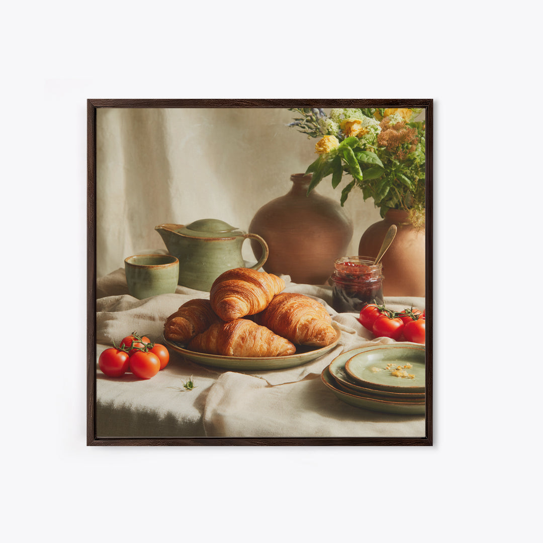Fresh Croissants and Jam on a Linen Framed Canvas Print, Bed and Breakfast Art, Fine Art Print, Living Room Decor, Abstract Art, BAB-1x1-74