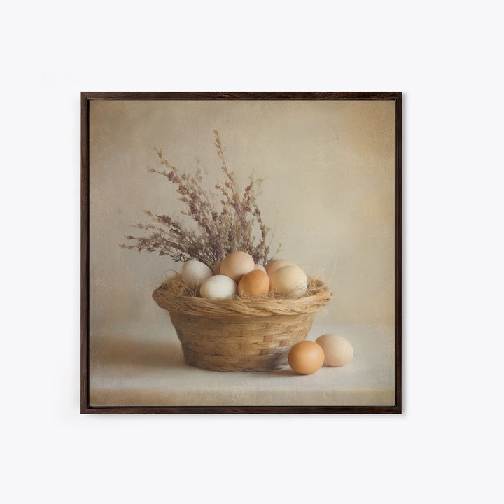 Fresh Eggs in a Woven Basket with Framed Canvas Print, Bed and Breakfast Art, Statement Artwork, Living Room Decor, Fine Art, BAB-1x1-78