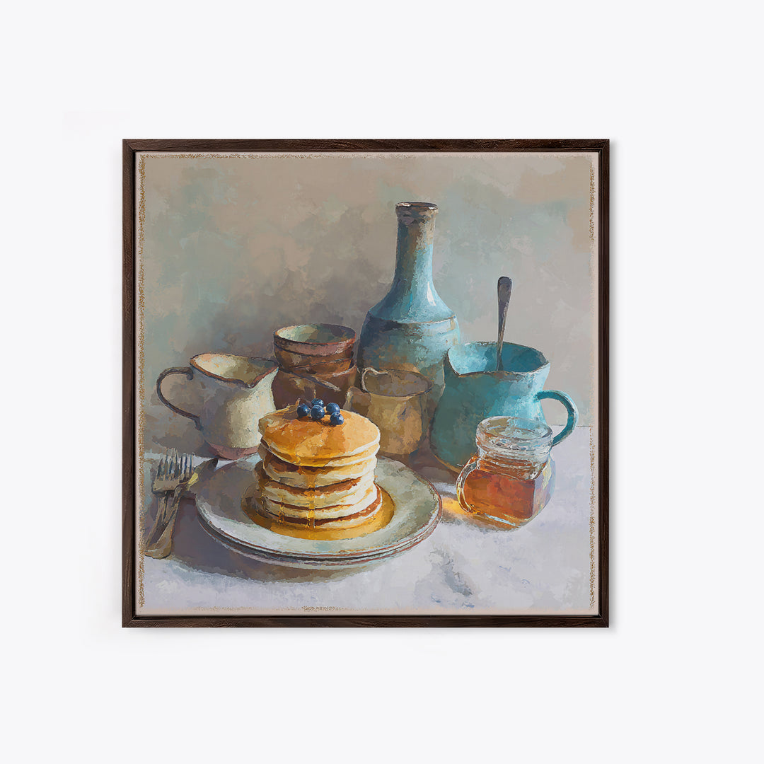 Blueberry Pancakes Still Life Framed Canvas Print, Bed and Breakfast Art, Fine Art Print, Living Room Decor, Fine Art, BAB-1x1-80