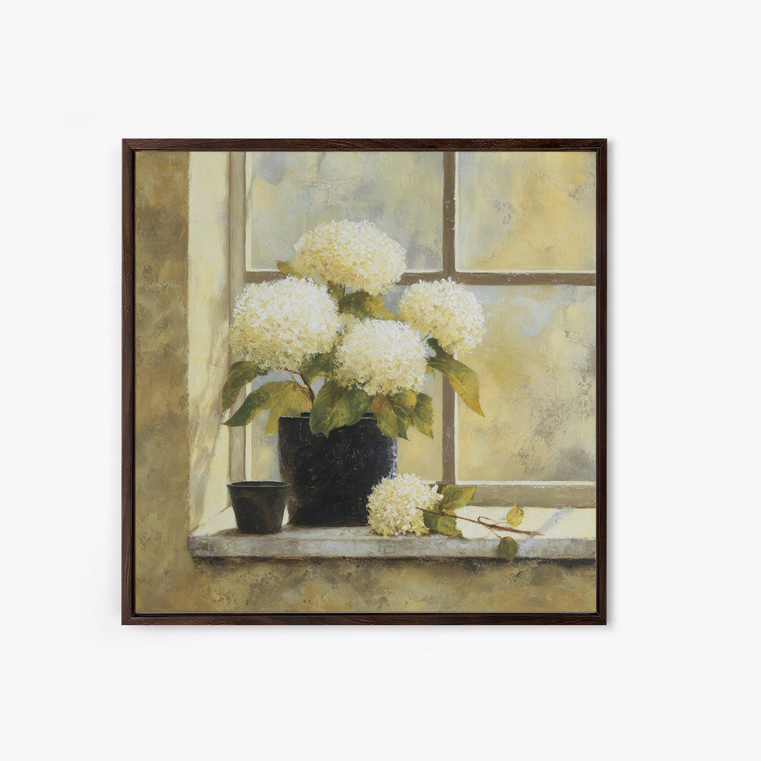 Sunlit Hydrangeas on a Windowsill Canvas Print, Bed and Breakfast Art, Boho Decor, Living Room Decor, Oil Painting, BAB-1x1-82