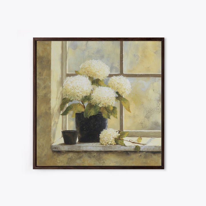 Sunlit Hydrangeas on a Windowsill Canvas Print, Bed and Breakfast Art, Boho Decor, Living Room Decor, Oil Painting, BAB-1x1-82