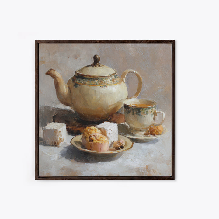 Porcelain Teapot and Scones Framed Canvas Print, Bed and Breakfast Art, Bedroom Prints, Living Room Decor, Abstract Art, BAB-1x1-84