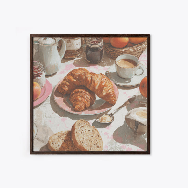 Fresh Croissants and Jam on a Linen Canvas Print, Bed and Breakfast Art, Textured Painting, Living Room Decor, Abstract Art, BAB-1x1-98
