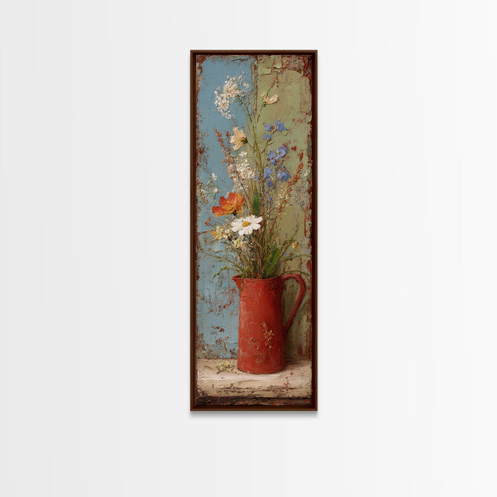 Country Wildflowers in a Chipped Ceramic Pitcher Canvas Print, Bed and Breakfast Art, Minimalist Decor, Living Room Decor, BAB-1x3-13