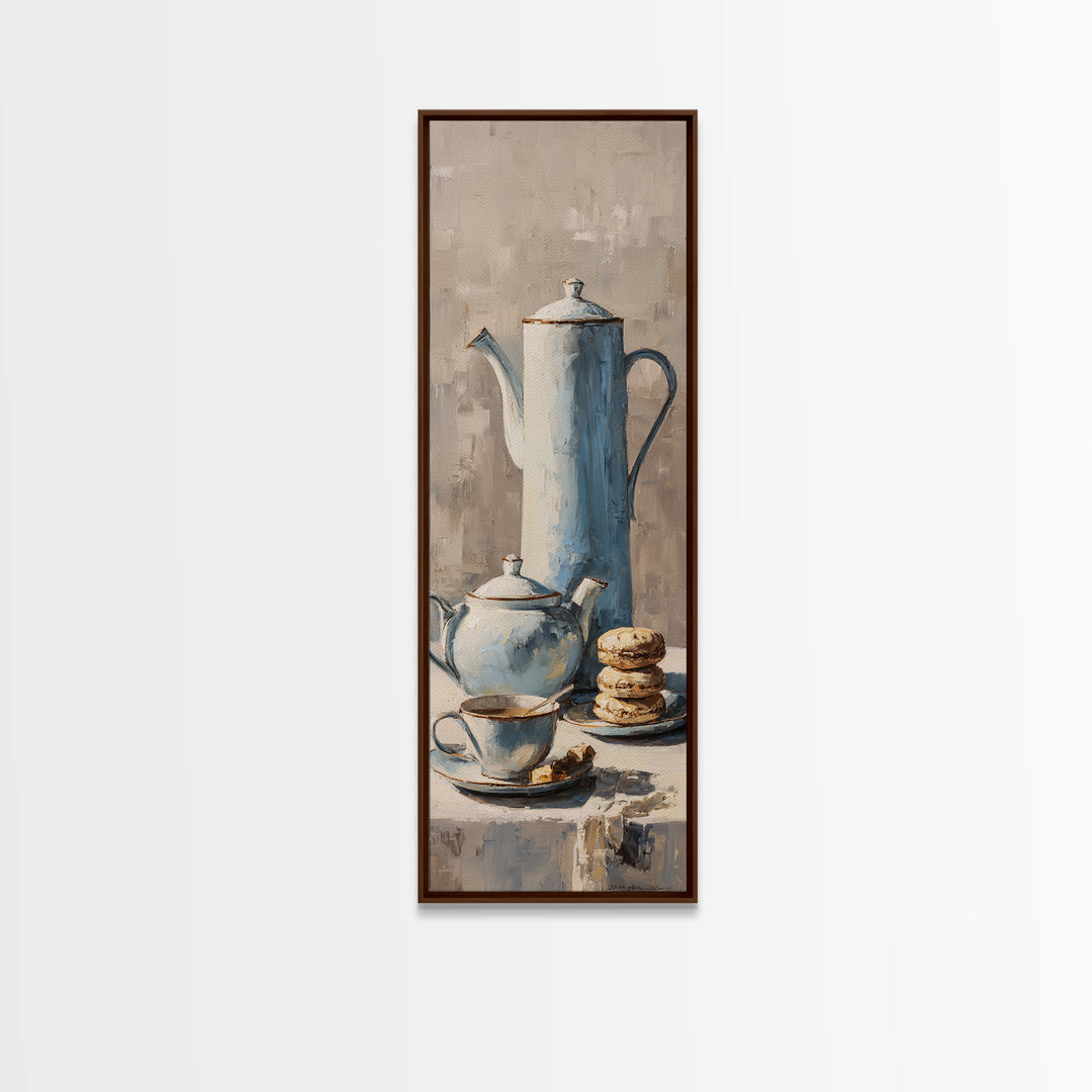Porcelain Teapot and Scones Framed Canvas Print, Bed and Breakfast Art, Wall Decor, Living Room Decor, Fine Art, BAB-1x3-24