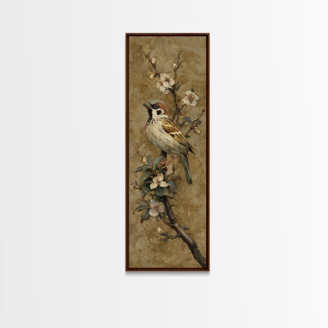 Small Bird on a Flowering Branch Canvas Print, Bed and Breakfast Art, Folk Art, Living Room Decor, Watercolor Art, BAB-1x3-26