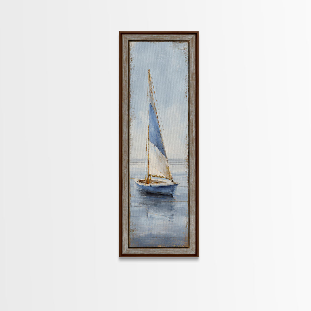 Coastal Inn Sailboat at Sunrise Framed Canvas Print, Bed and Breakfast Art, Textured Painting, Living Room Decor, Fine Art, BAB-1x3-29