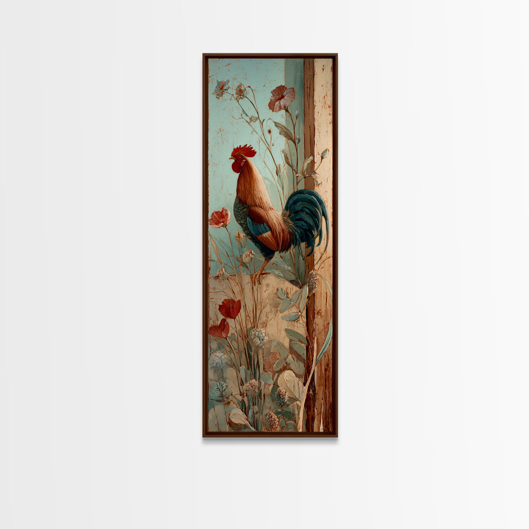 Rooster and Wildflower Country Portrait Framed Canvas Print, Bed and Breakfast Art, Living Room Decor, Fine Art, BAB-1x3-31